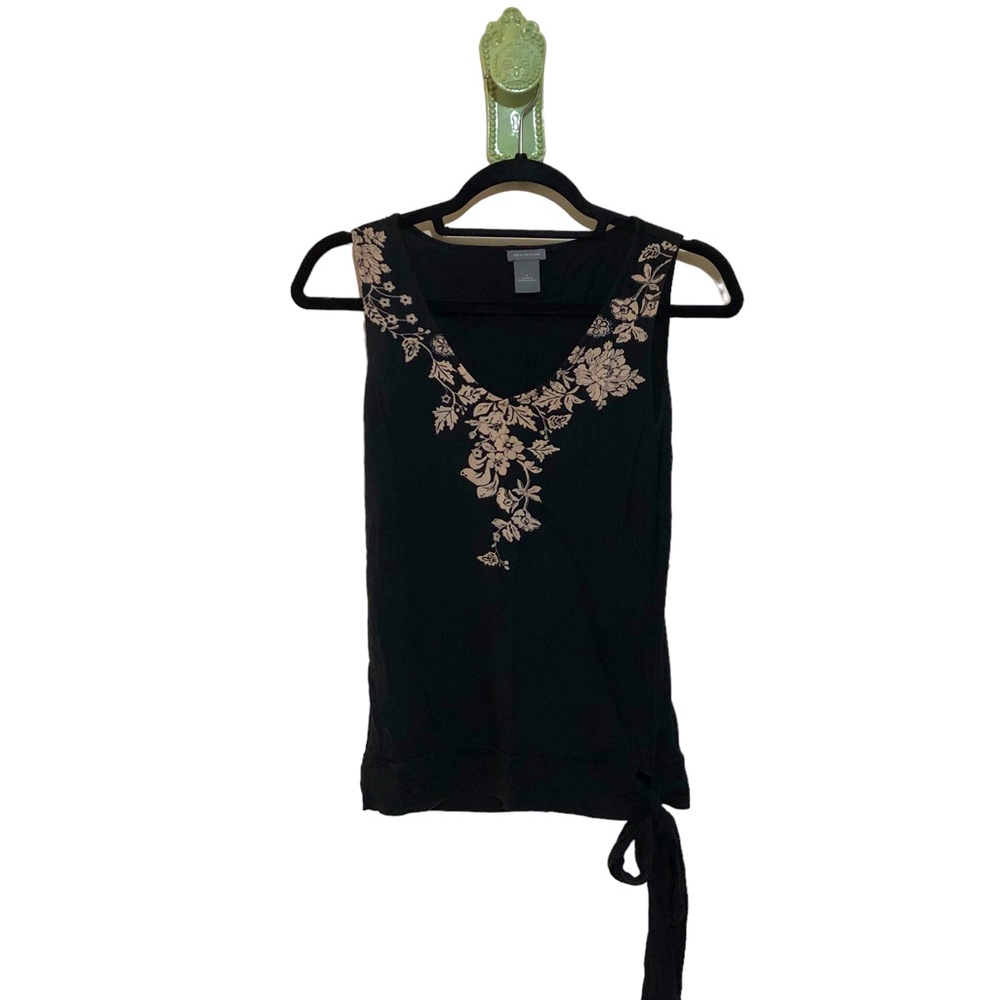 Ann Taylor Floral Tank Shirt Knit Side Bow Tie Loose Fit Black Cream